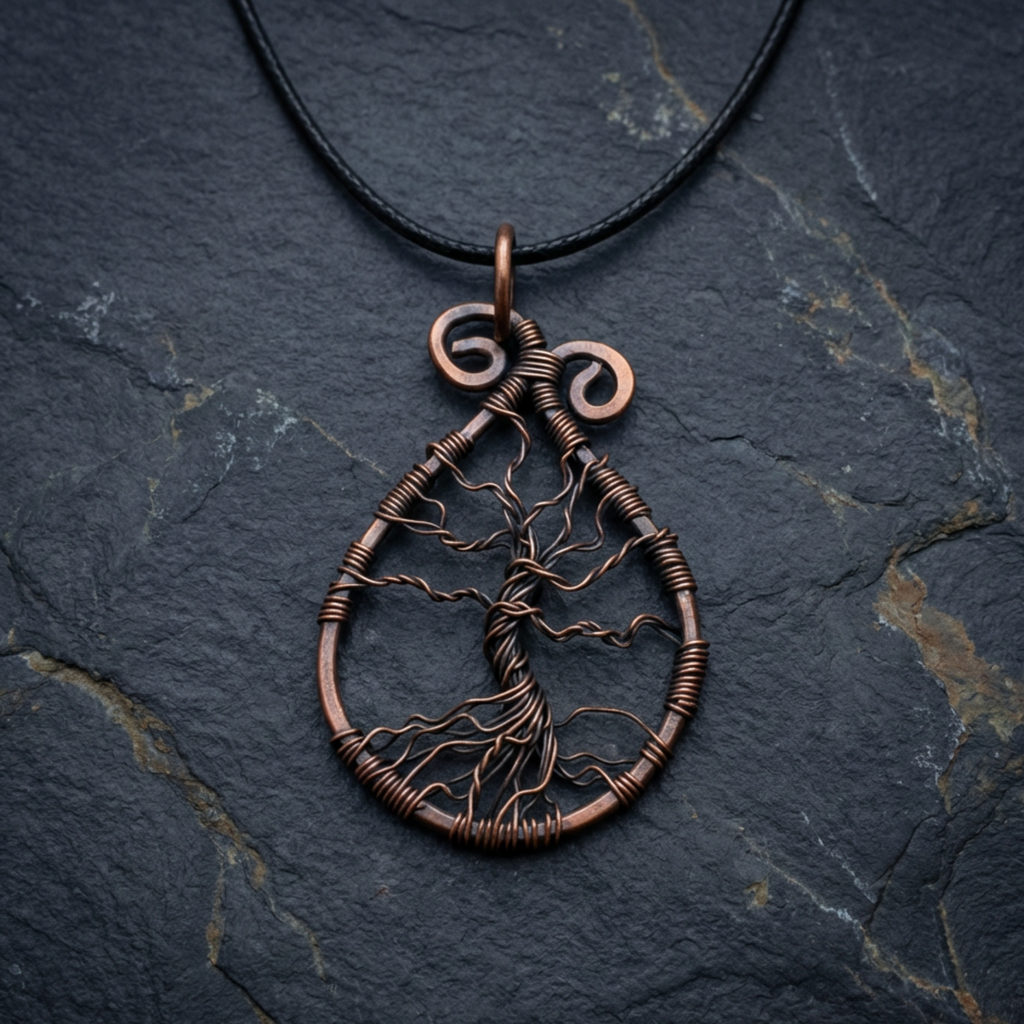 Copper tree of life pendant on a dark stone background