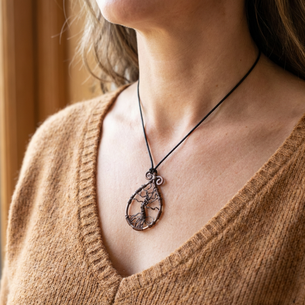 Person wearing a necklace with a tree pendant, close-up on neck and chest.