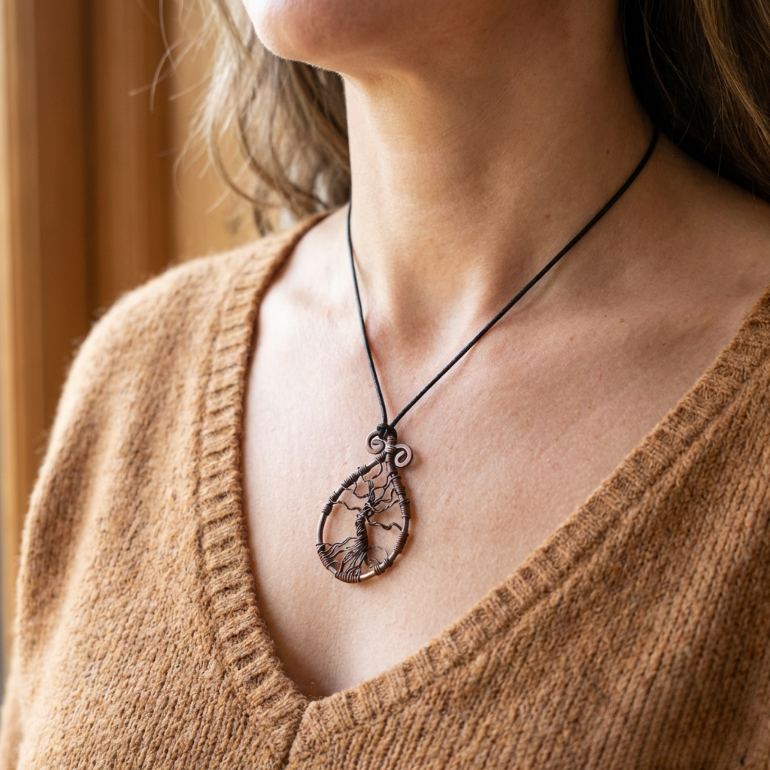 Person wearing a necklace with a tree pendant, close-up on neck and chest.