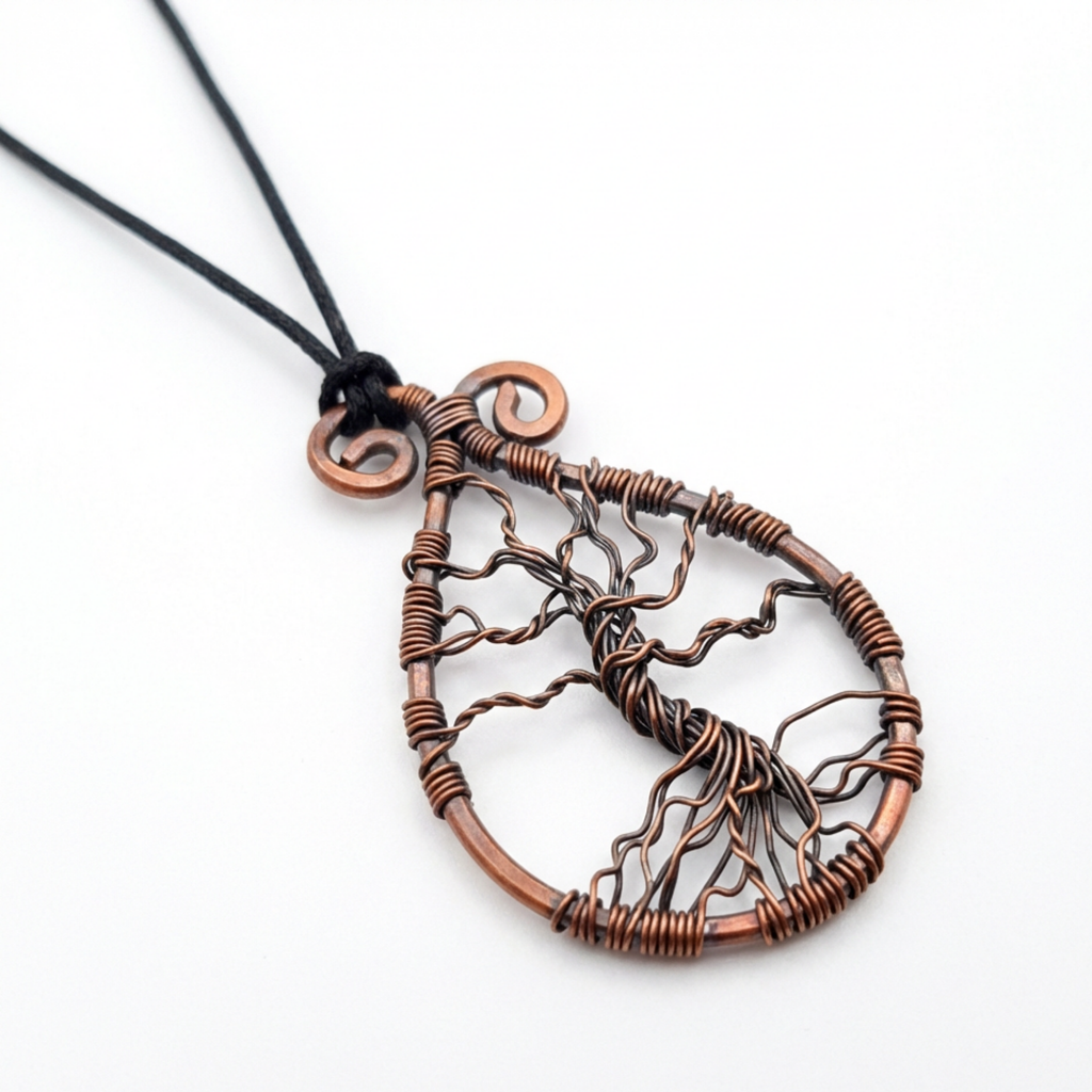 Copper tree of life necklace on a white background