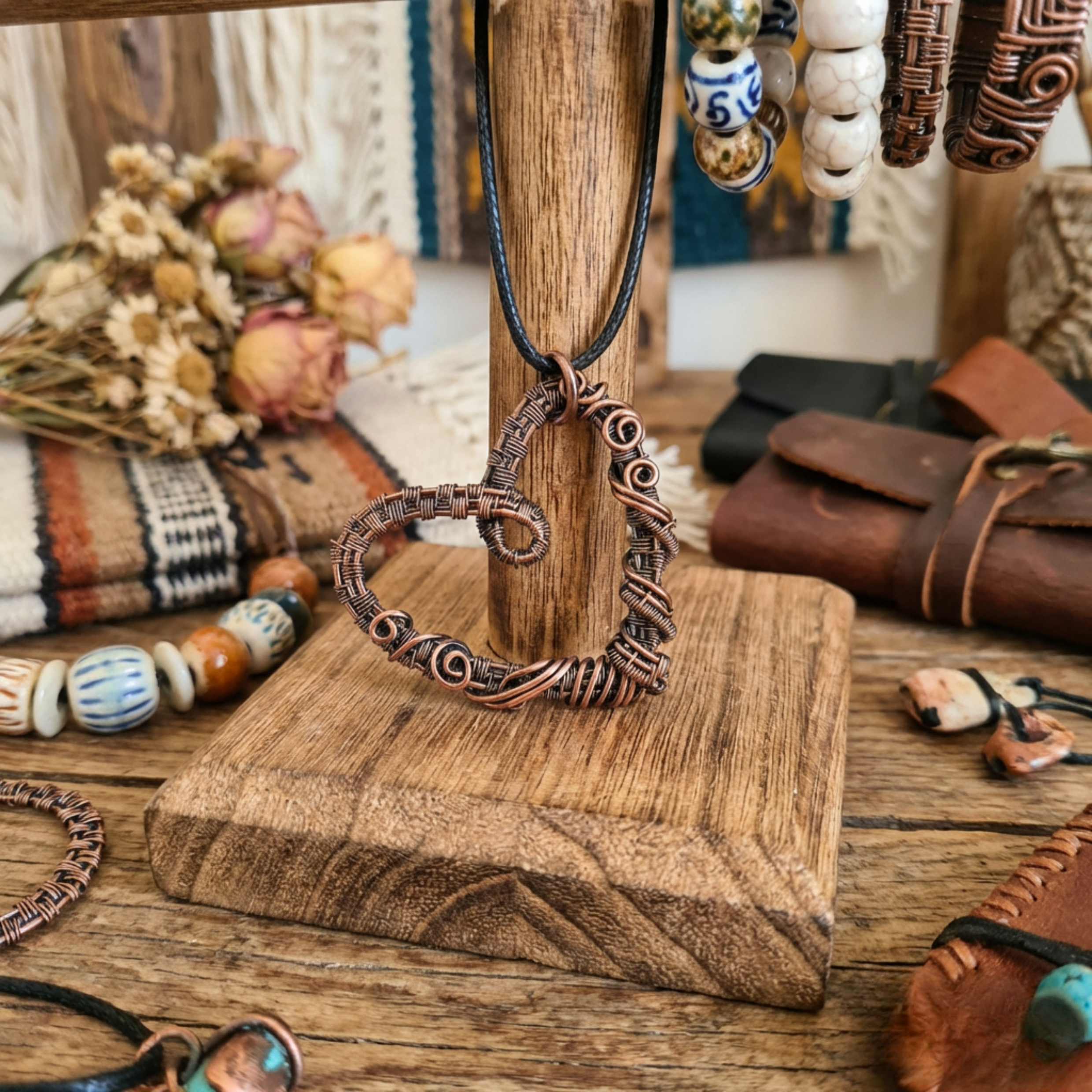 Copper heart-shaped necklace on a wooden stand with various jewelry items in the background.