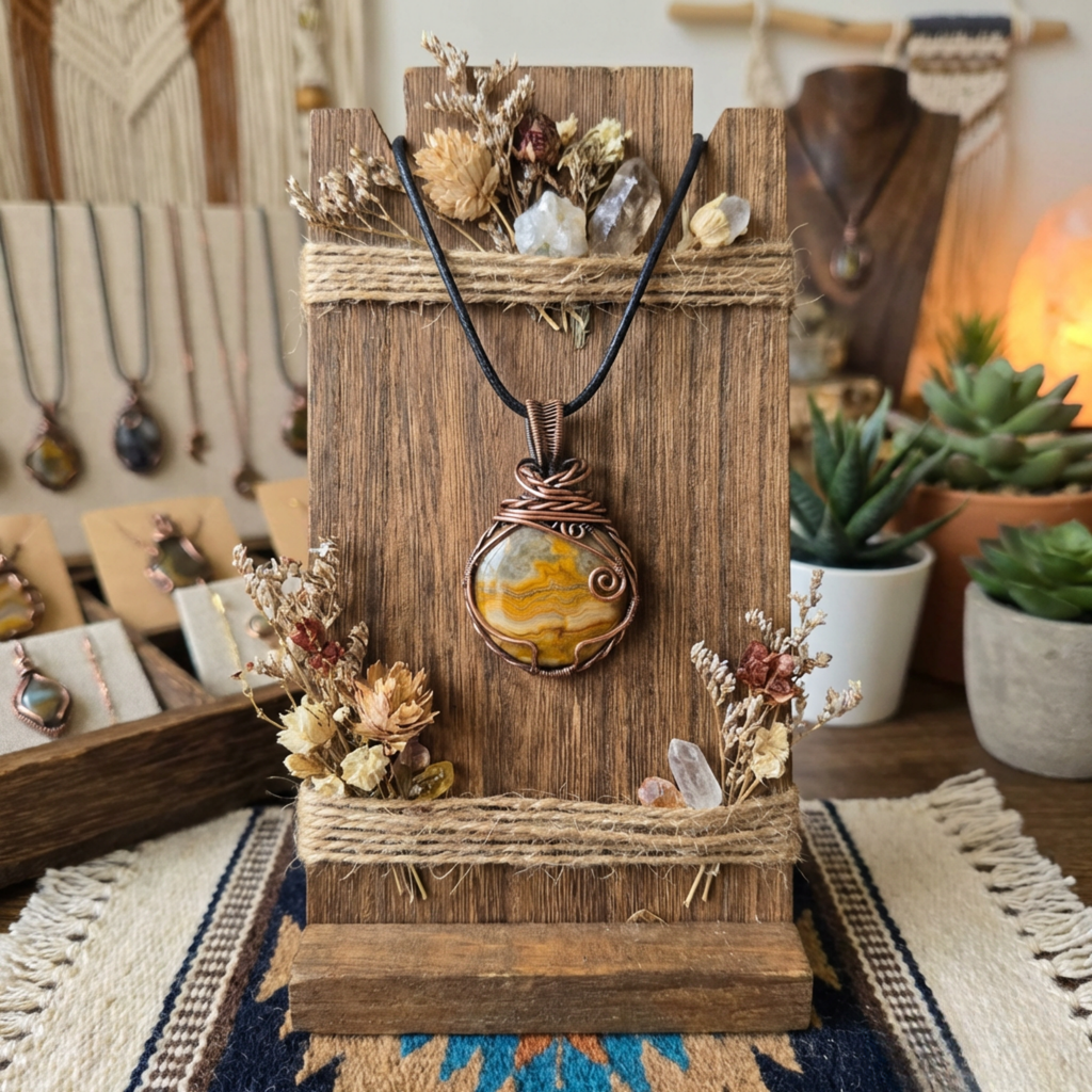 Necklace with a large pendant on a wooden stand with decorative elements, set against a bohemian decor background.