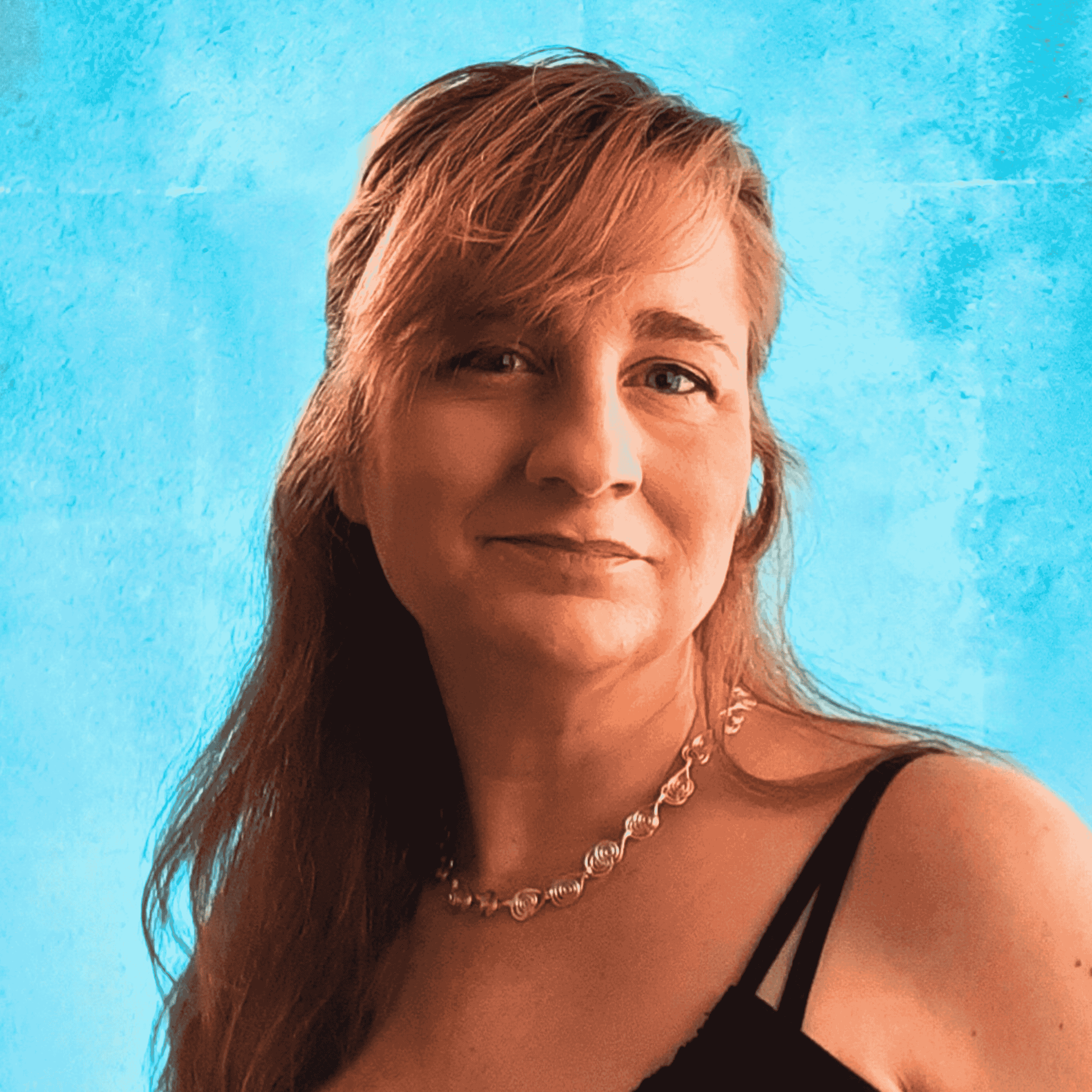 Woman with long hair and a spiral choker necklace against a blue background