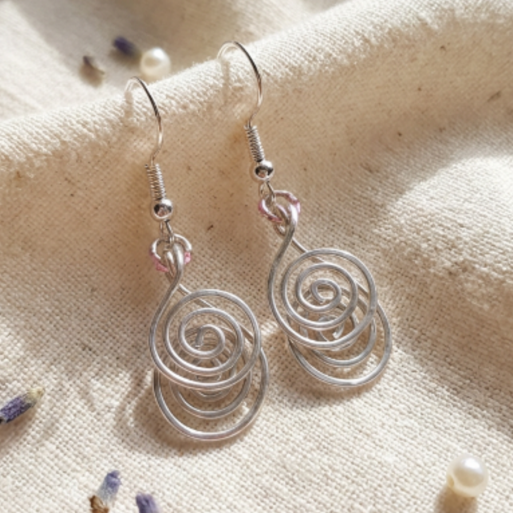 Close u of silver spiral earrings