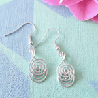 Silver spiral earrings on a colorful fabric background with pink flowers.