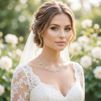 Bride wearing a white lace dress with a veil and a spiral necklace, standing in a garden with flowers.