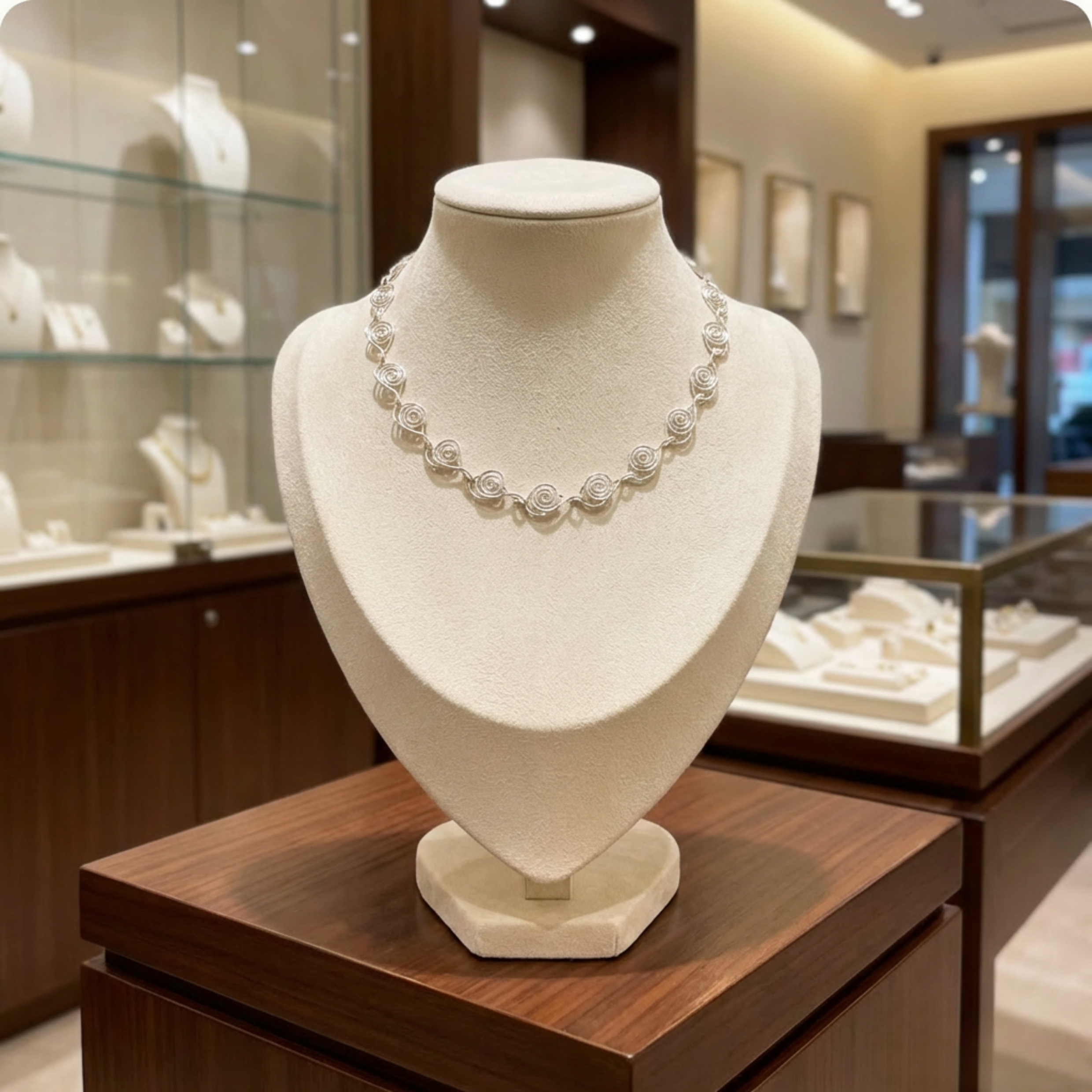 Silver spiral necklace on a mannequin bust in a jewellery store setting