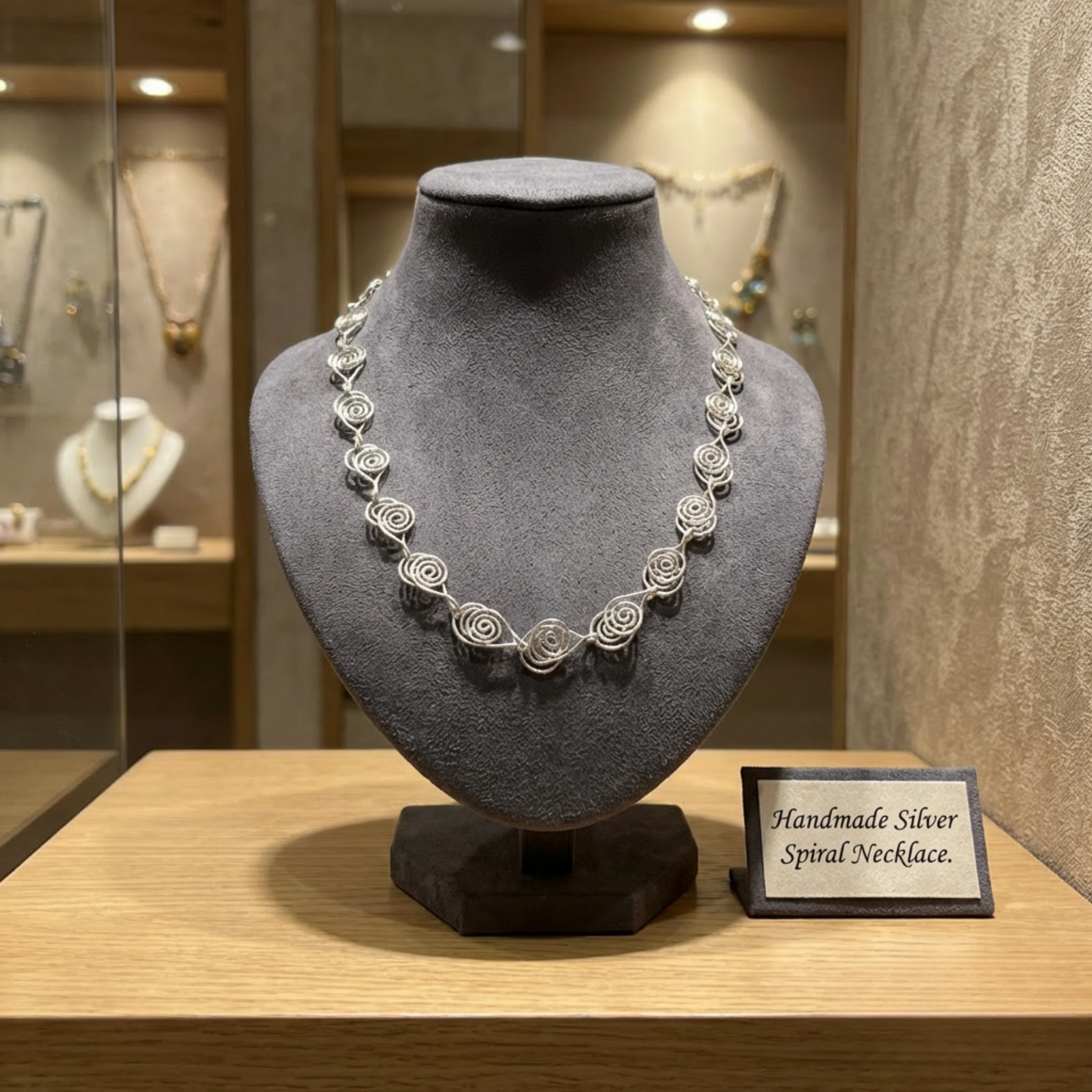 Handmade silver spiral necklace on a gray stand with a label in a jewelry store setting.