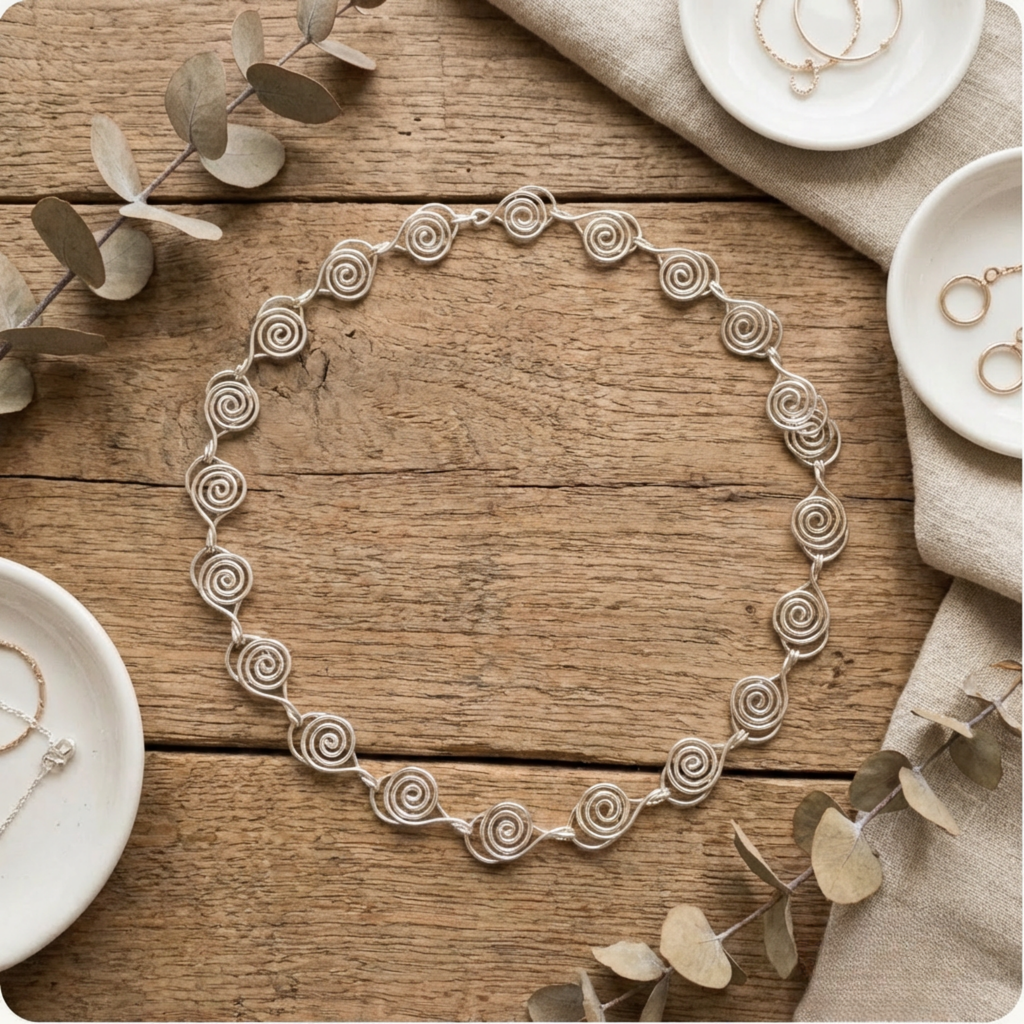 Silver necklace on a wooden surface with decorative elements