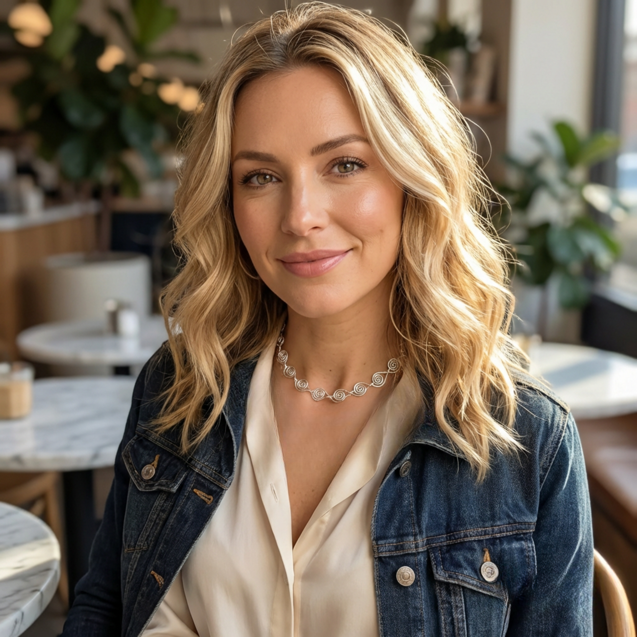 Woman with blonde hair wearing a denim jacket and a silver spiral necklace in an indoor setting