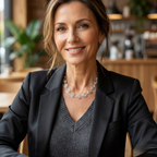 Woman in a black blazer and gray sweater sitting in a restaurant with a distinctive silver spiral necklace