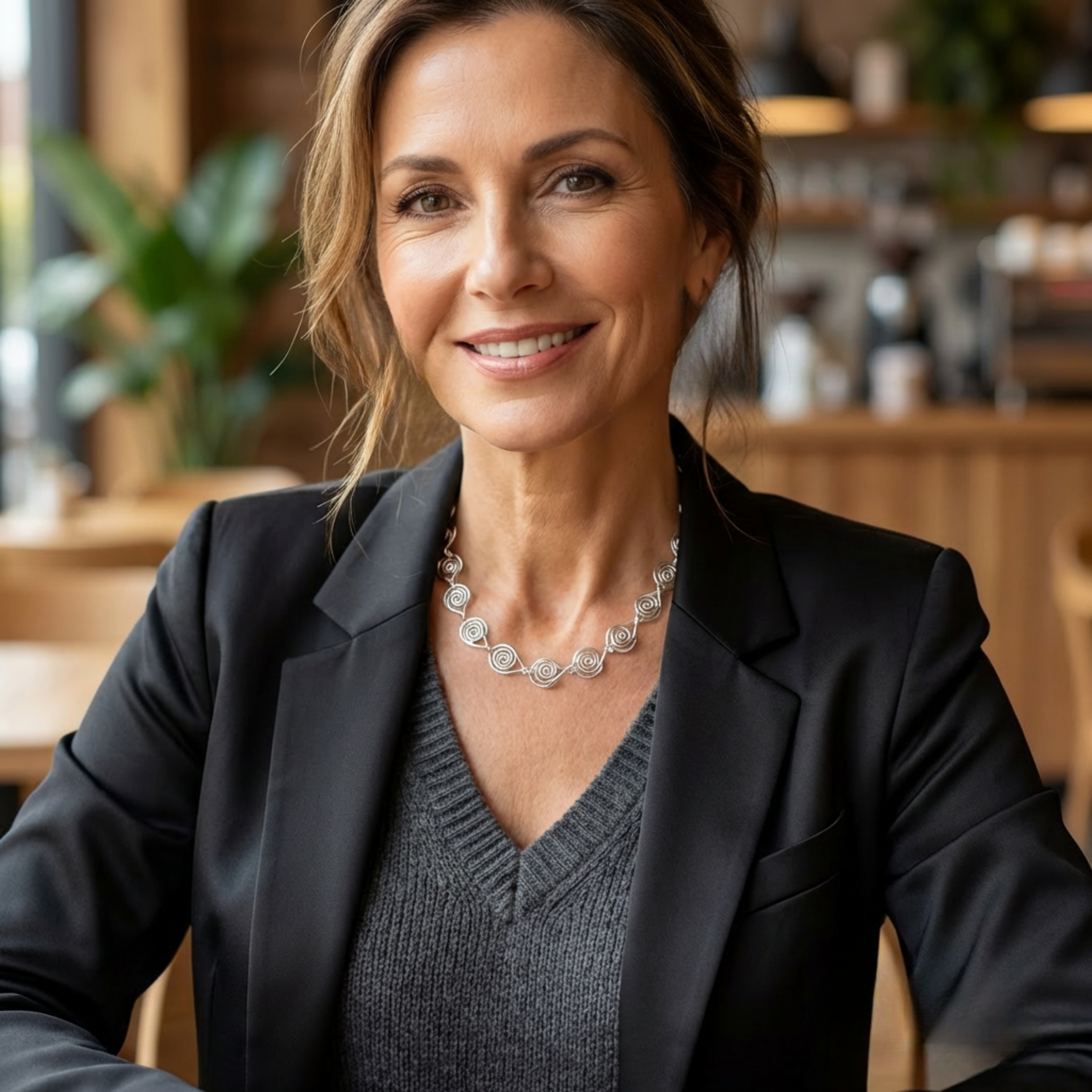 Woman in a black blazer and gray sweater sitting in a restaurant with a distinctive silver spiral necklace