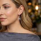 Close-up of a woman wearing a silver flower earring with a blurred background