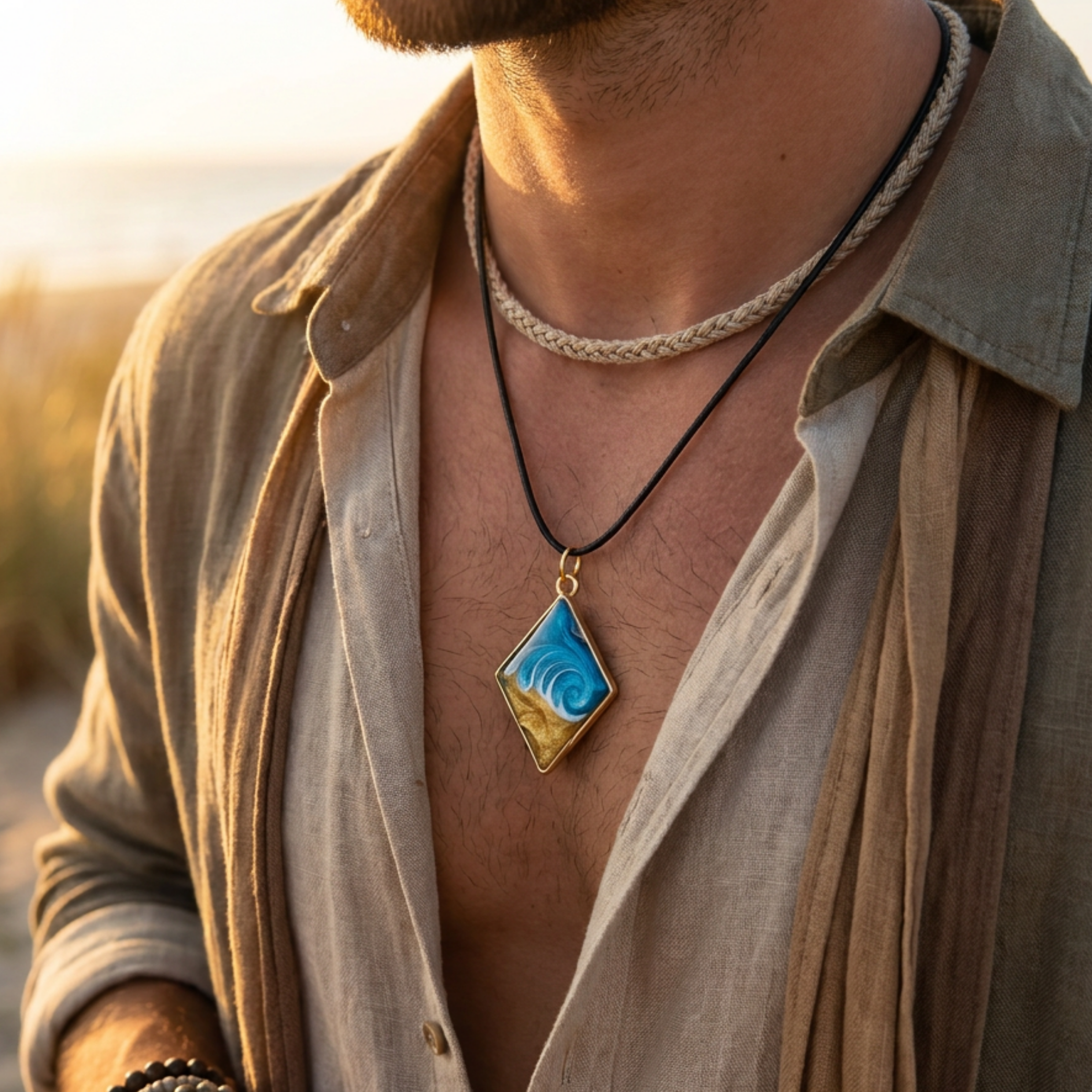 man wearing a gold diamond pendant with a wave effect centre