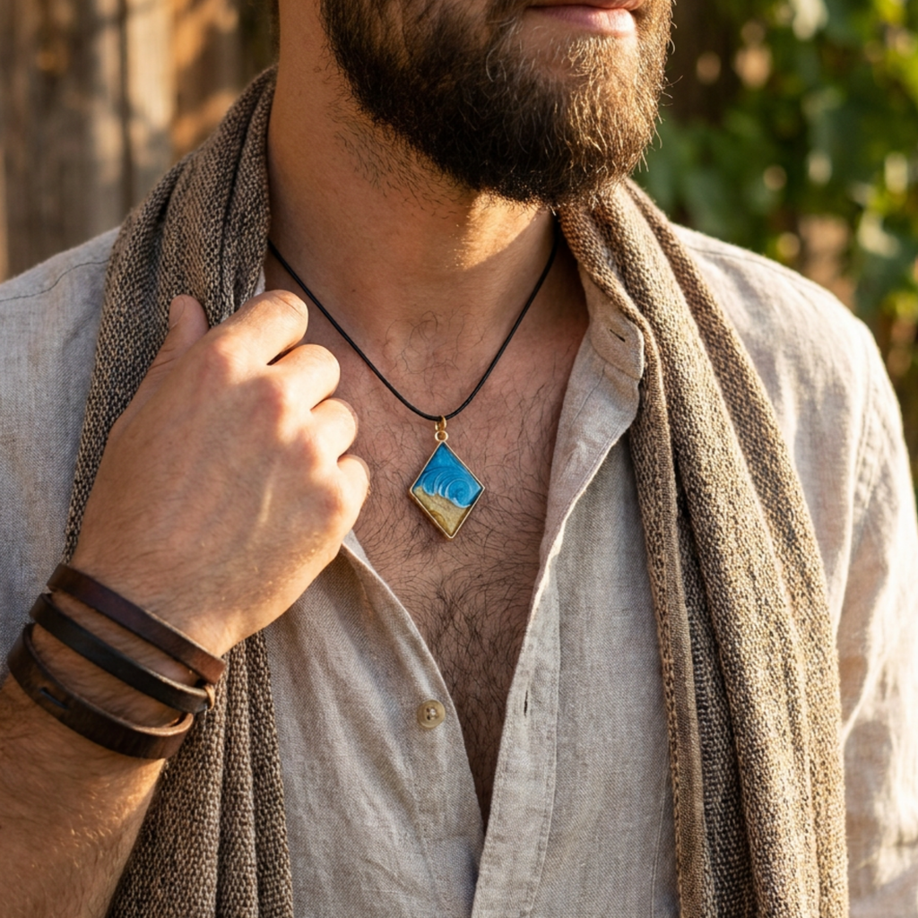 male model wearing a diamond wave pendant with a gold bezel on a black cord