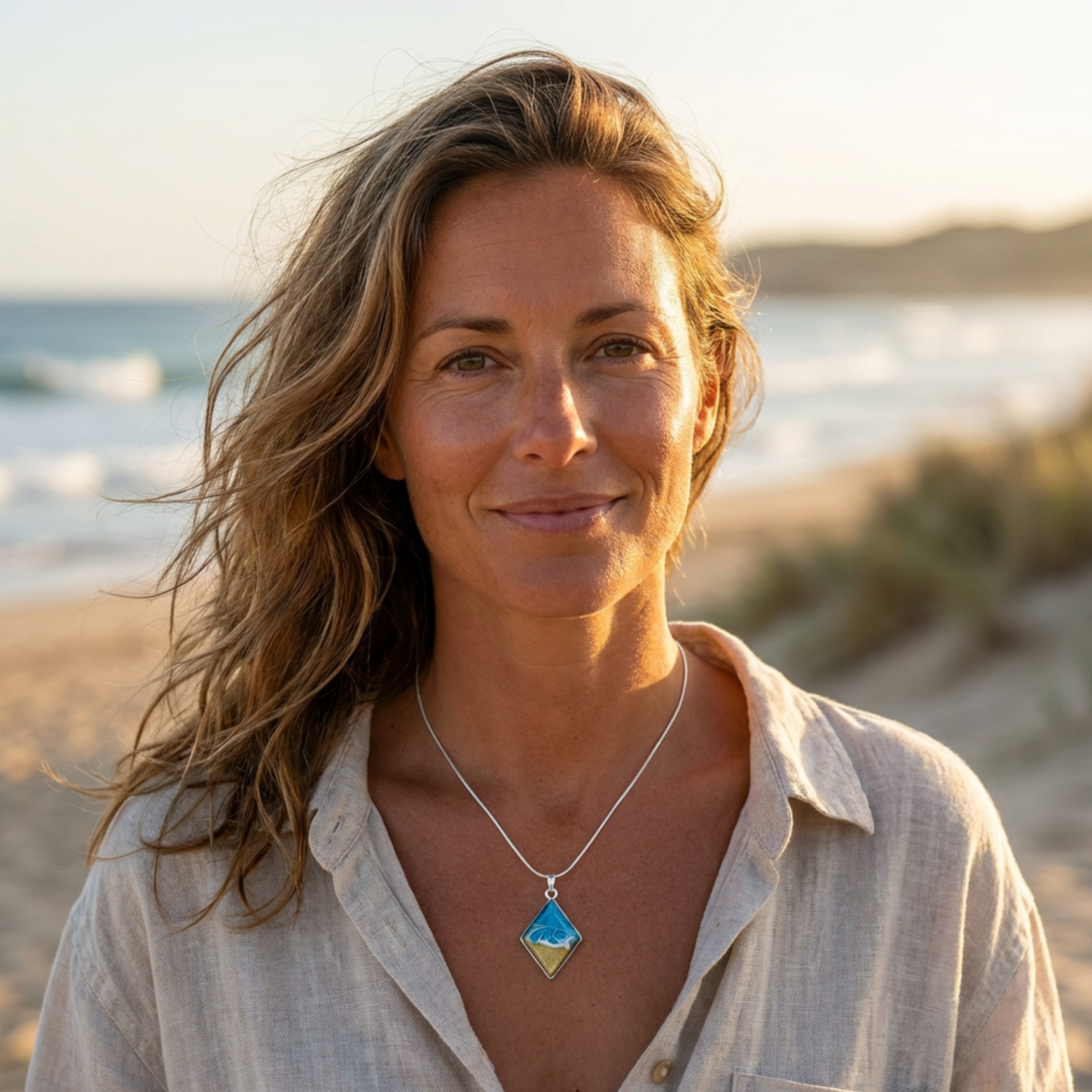 Woman standing on a beach with a necklace featuring a blue pendant.