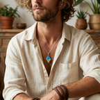 Man wearing a white shirt with a necklace, sitting in a room with plants.