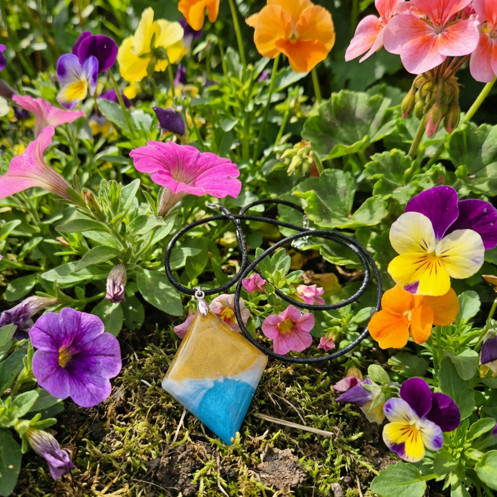 Colorful pendant necklace on a background of flowers