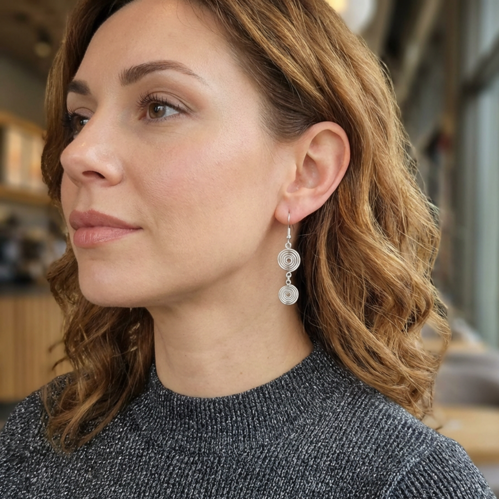 Close-up of a woman wearing silver spiral drop earrings with a blurred indoor background