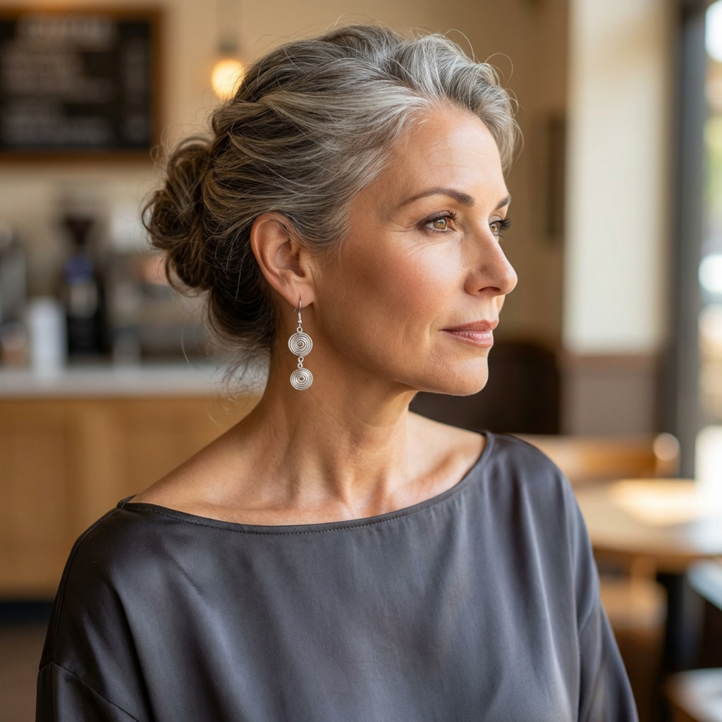 Woman with grey hair wearing dangle silver spiral earrings in a blurred indoor setting