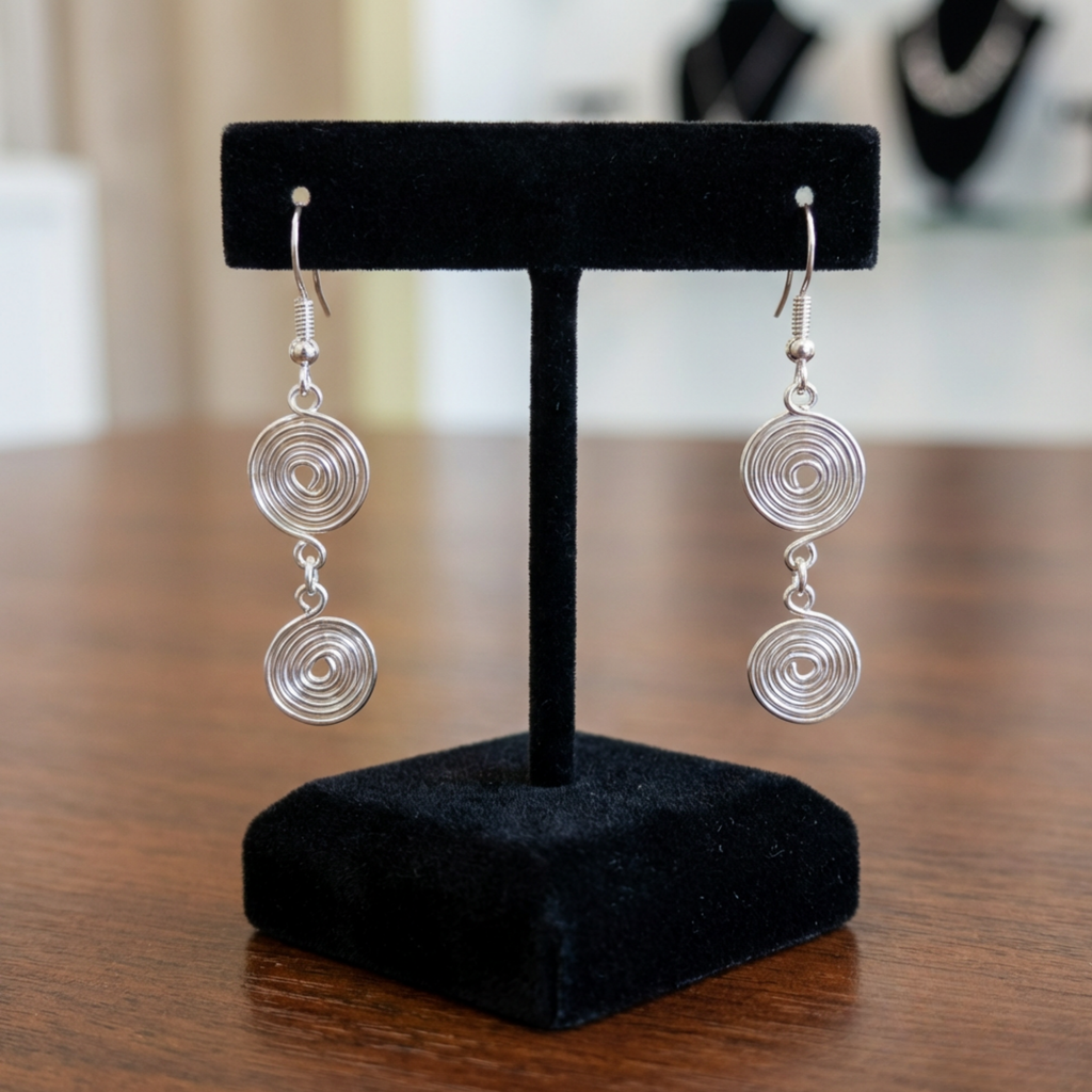 Double Closed Spiral Silver Earrings, Handmade Layered Drop Earrings, Gift for Her
