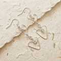 Silver heart-shaped earrings on a textured beige surface