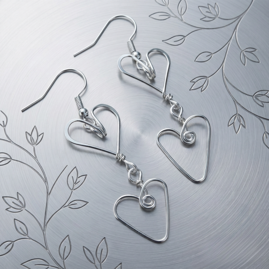 Silver heart-shaped earrings on a textured silver background with leaf patterns.