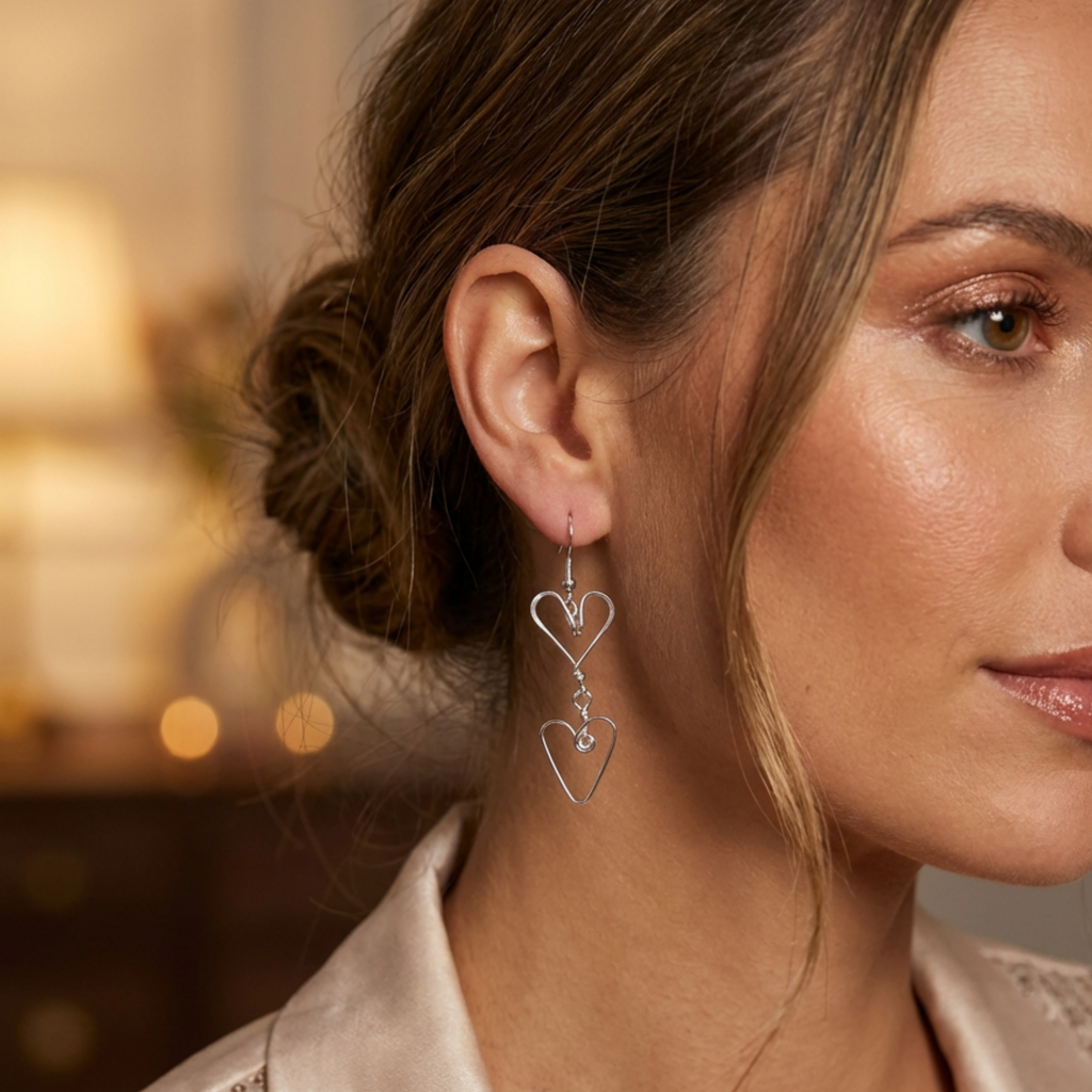 Close-up of a woman wearing heart-shaped earrings with a blurred background