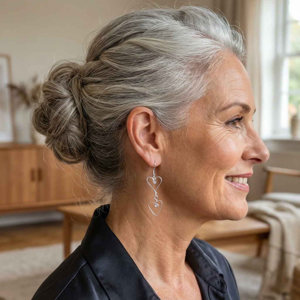 Woman with styled hair in an elegant updo, wearing a black top and heart drop earrings indoors.