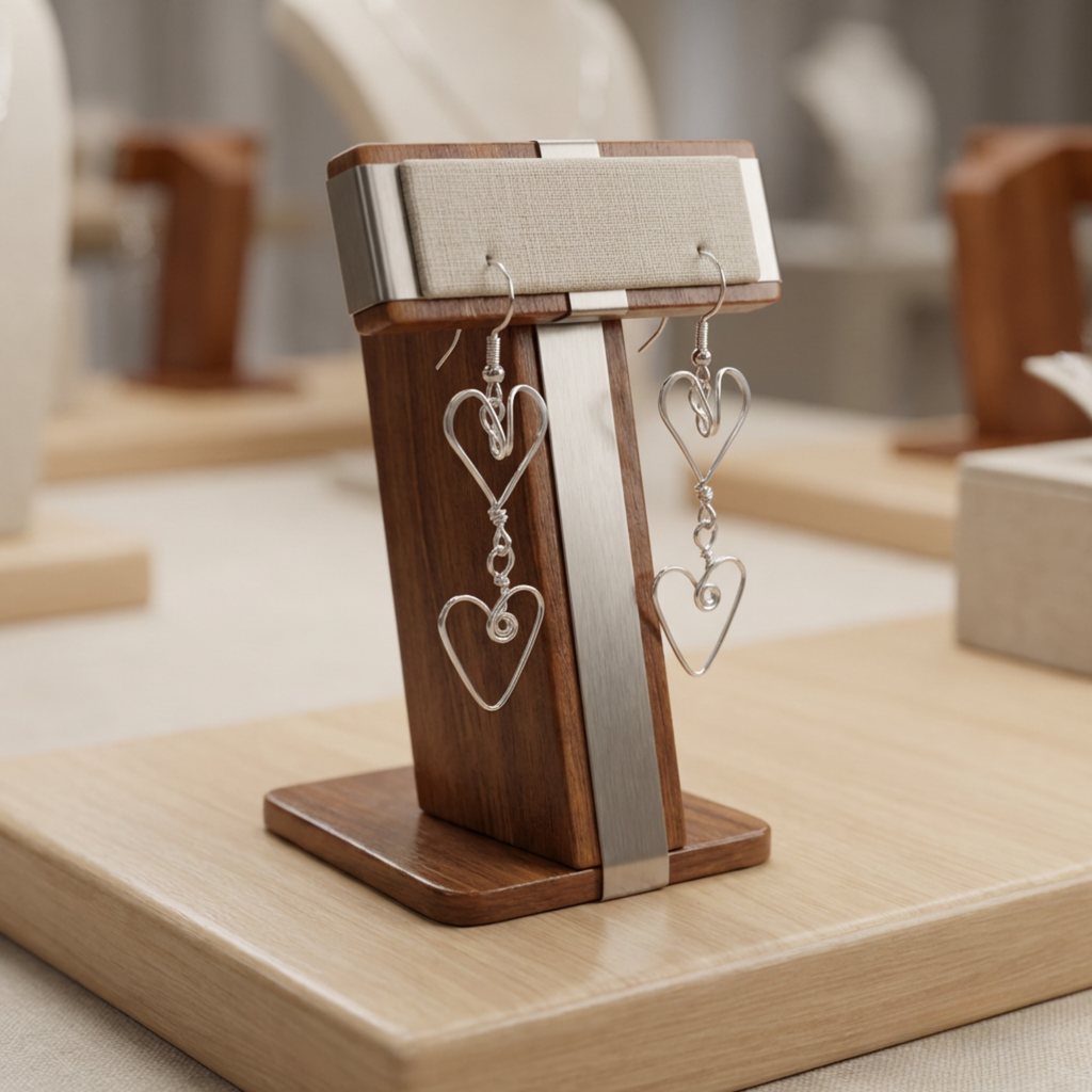 Wooden and metal earring stand with heart-shaped earrings on a wooden surface.