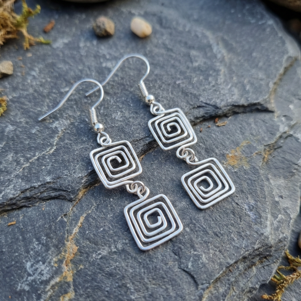 Silver spiral earrings on a stone surface
