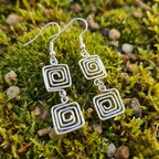 Silver spiral earrings on a natural background of green moss and small rocks.
