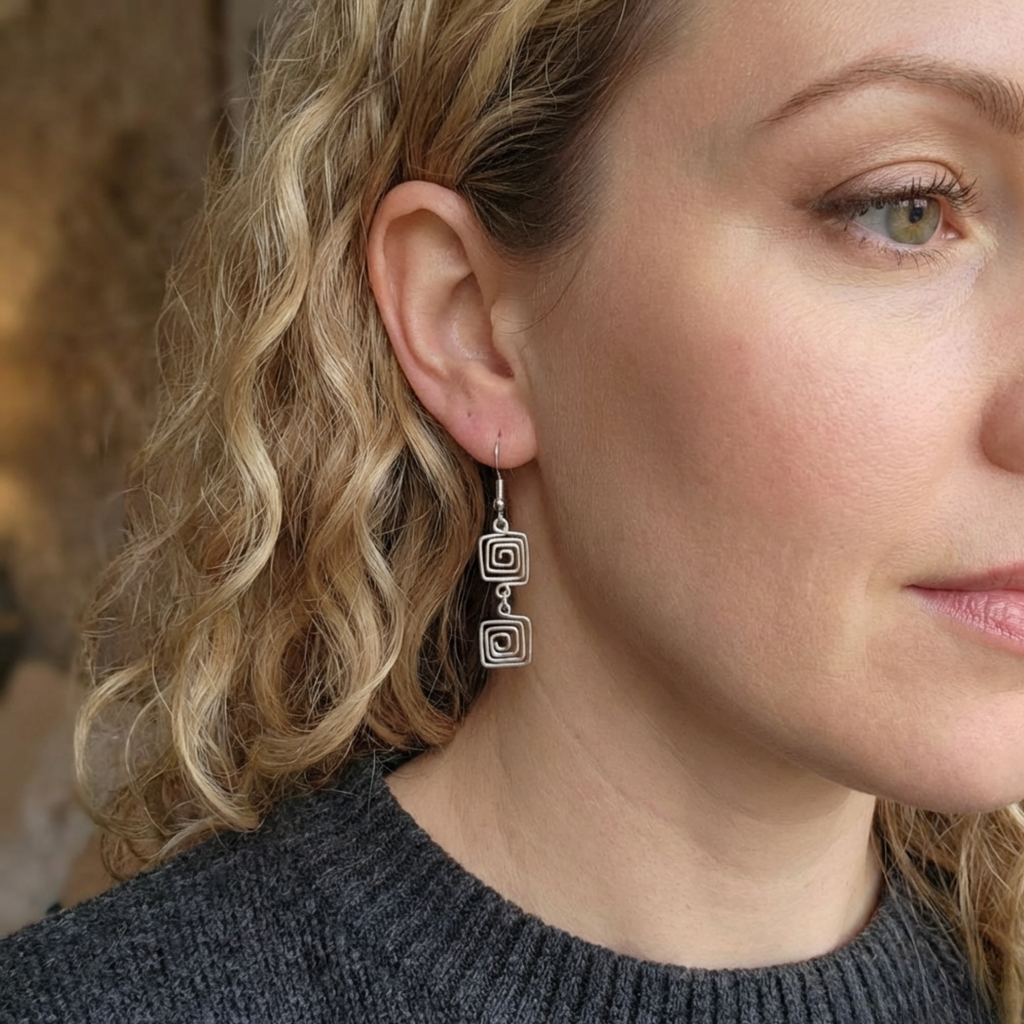 Close-up of a woman wearing silver square earrings with a blurred background