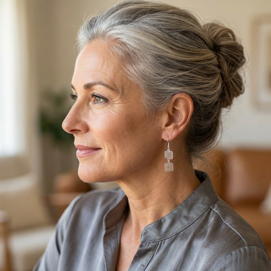 Woman with grey hair wearing silver spiral square earrings in a living room setting