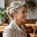 Woman with grey hair smiling in a casual indoor setting wearing silver spiral drop earrings
