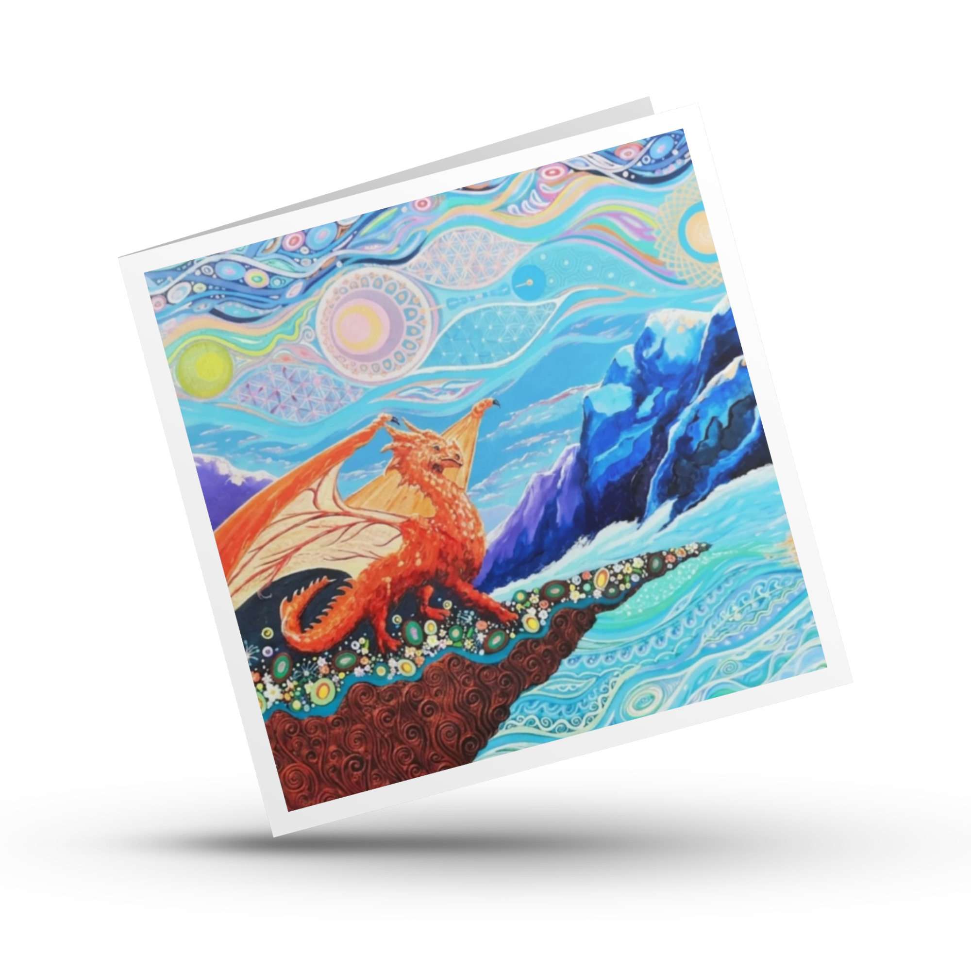Colourful artwork of a dragon on a mountain with abstract patterns by Mark Betson Artist