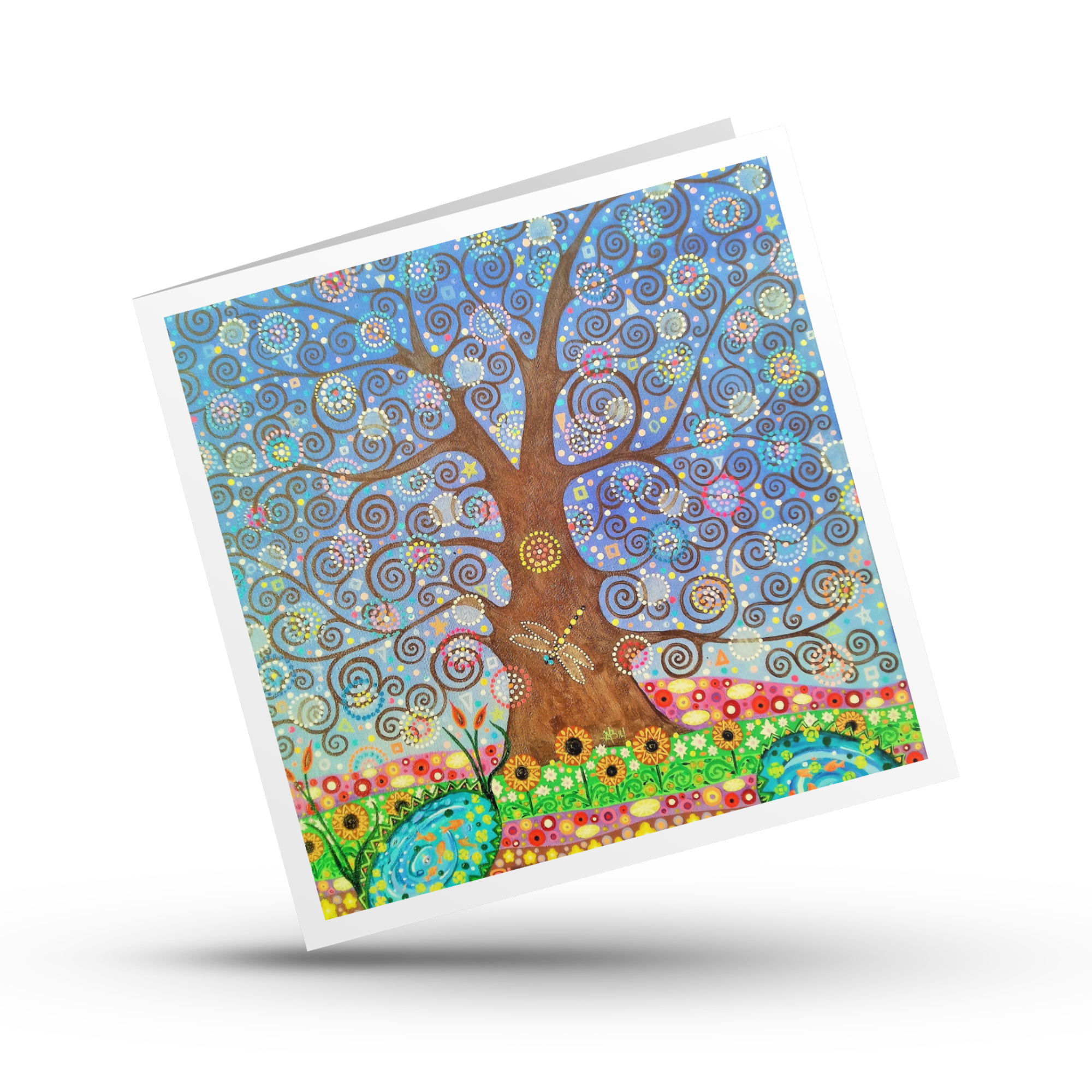 Colourful greeting card with a stylized tree of life design with a dragonfly on a white background