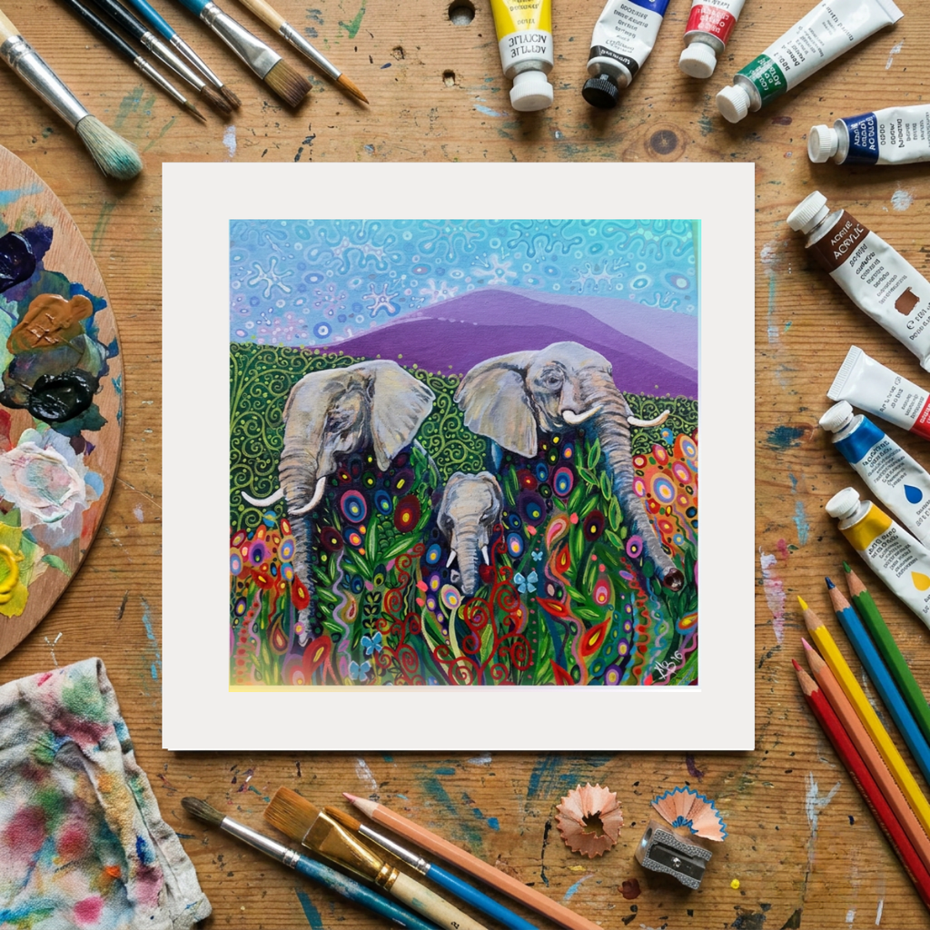 Colourful artwork of elephants on a wooden surface with art supplies