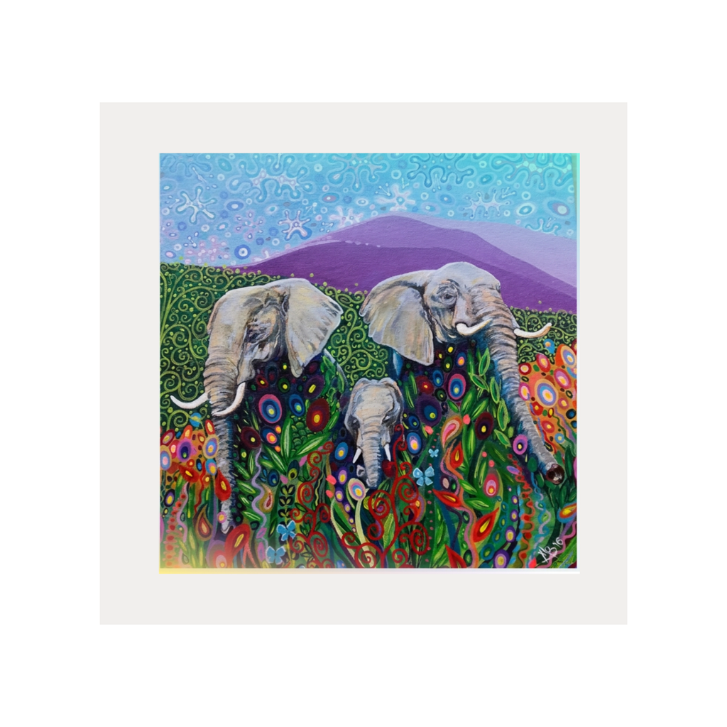 Colourful painting of elephants in a stylized landscape with flowers and mountains.