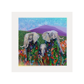 Colourful painting of elephants in a stylized landscape with flowers and mountains.