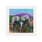 Colourful painting of elephants in a stylized landscape with flowers and mountains.