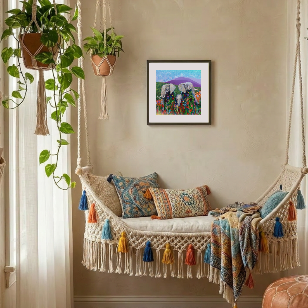 Elephant family wall art print in a boho setting