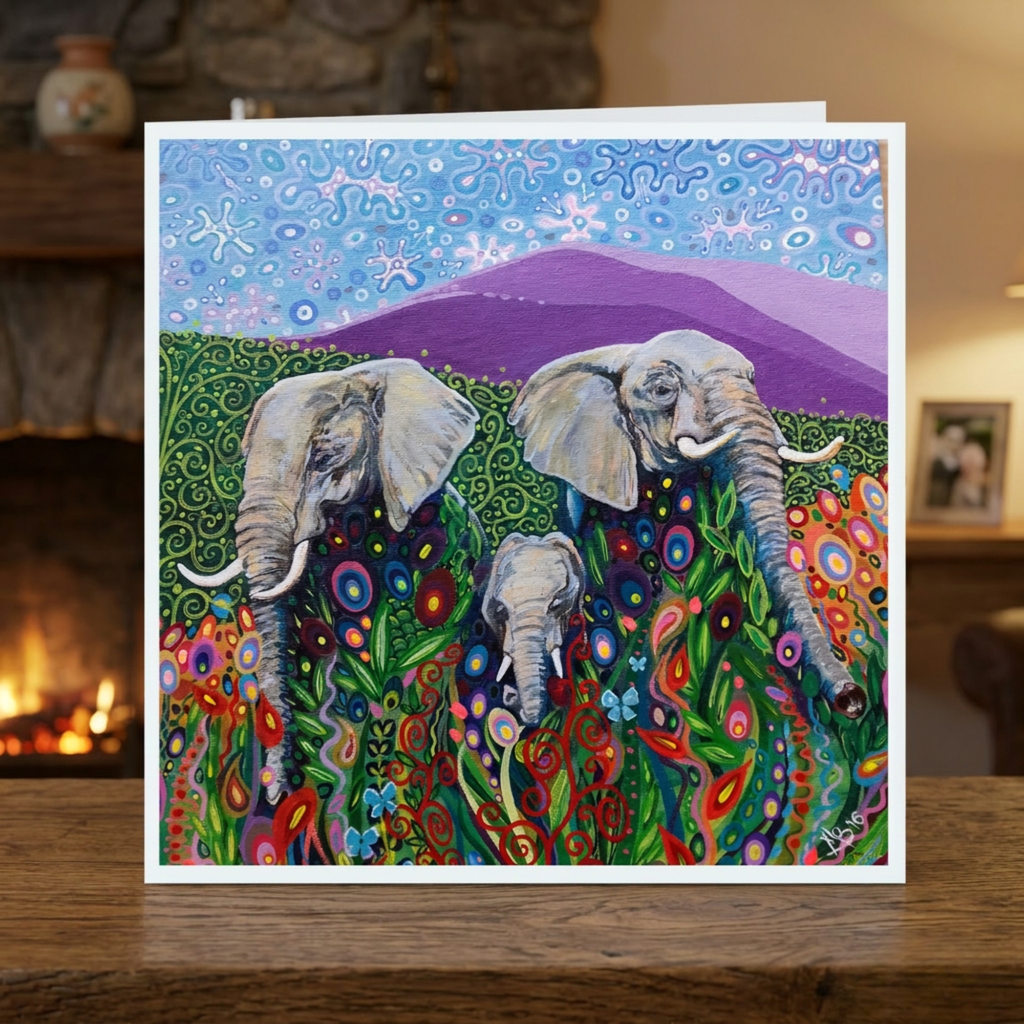 Colourful card with elephants in a decorative setting