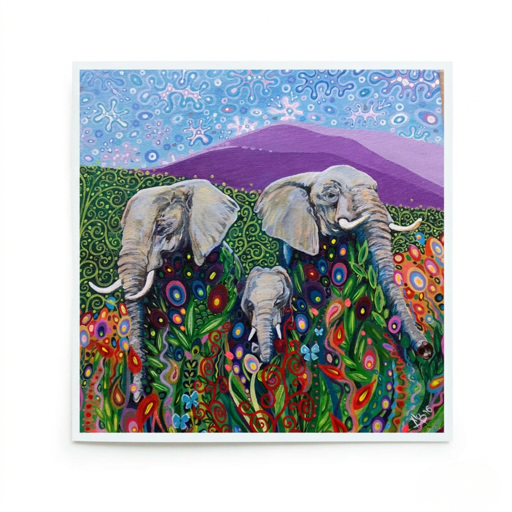 Colourful painting of three elephants in a field with flowers and mountains.