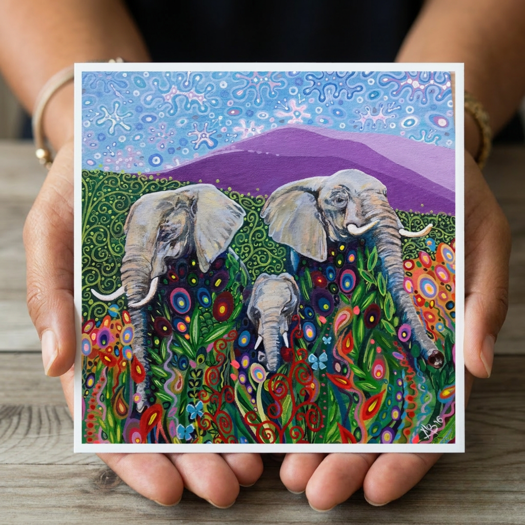 Colourful painting greeting card of three elephants held by a person on a wooden surface