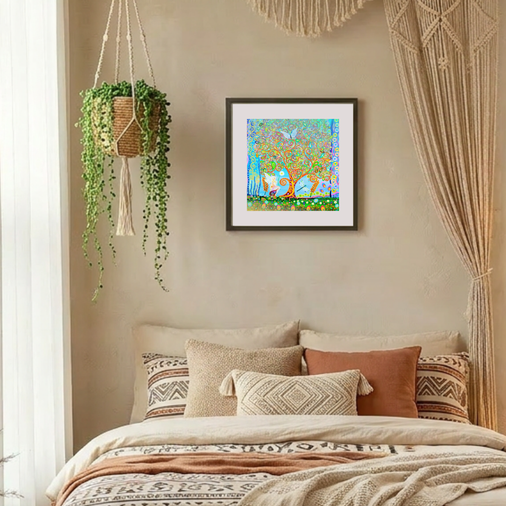 Cozy bedroom with a bed, pillows, and wall art, featuring a hanging plant and macrame decor.