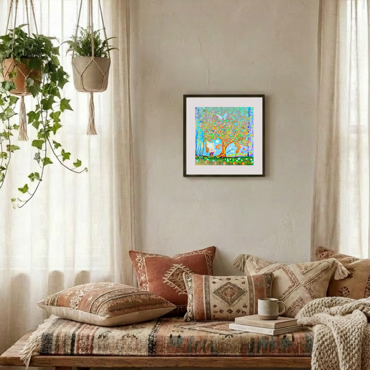 Cozy living room with a colorful abstract painting, patterned pillows, and a wooden bench.