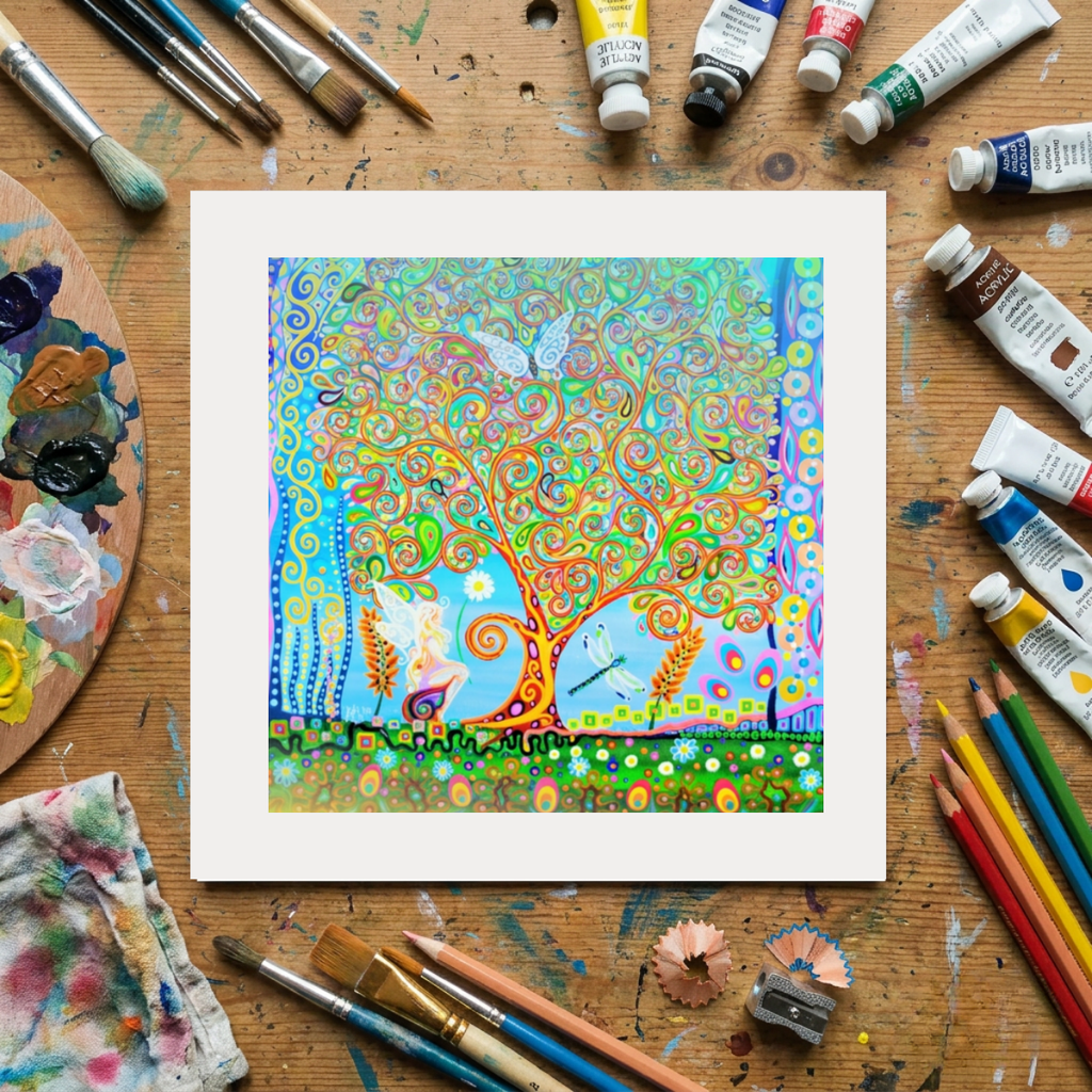 Colourful abstract artwork on a wooden surface with art supplies