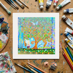 Colourful abstract artwork on a wooden surface with art supplies