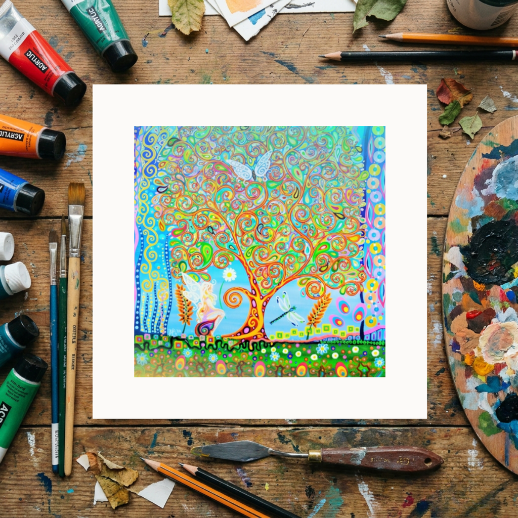 Colourful abstract artwork on a wooden surface with art supplies